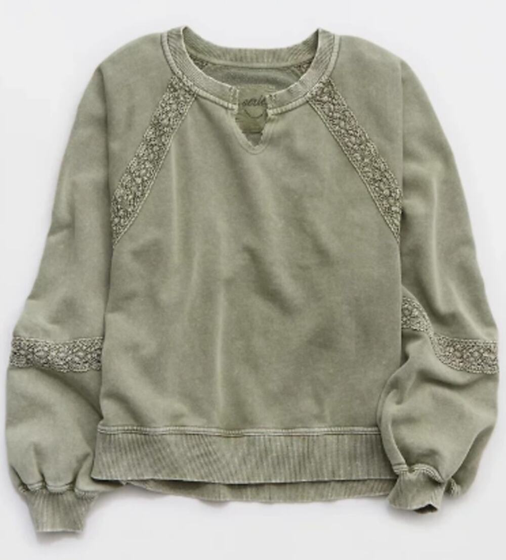 Aerie Hey Crochet Oversized Sweatshirt Washed Sage Green Boho Size Small